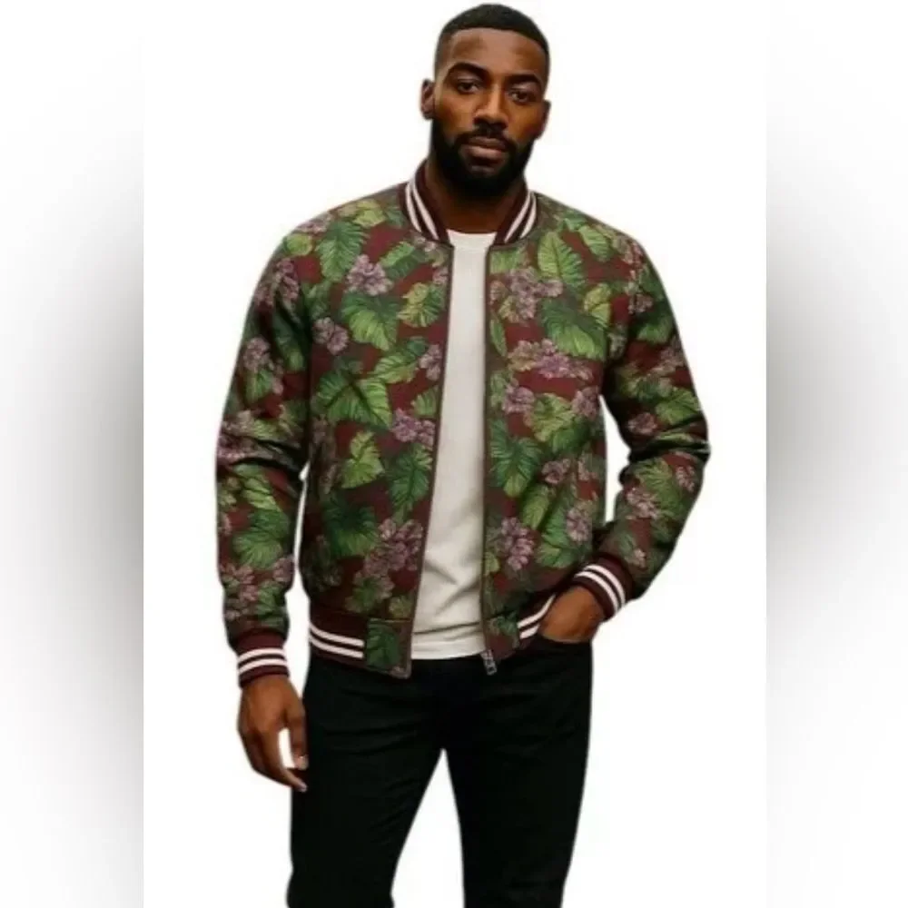 GSTQ Men's Floral Bomber Jacket Green/Maroon Full Zip - Size Small